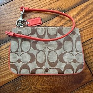 Coach Signature Brown and Orange-Red Wristlet